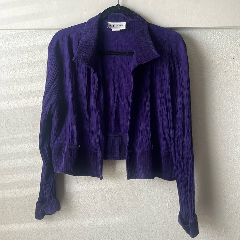 Vintage S.L Fashions purple cropped long sleeve jacket with velvet detail